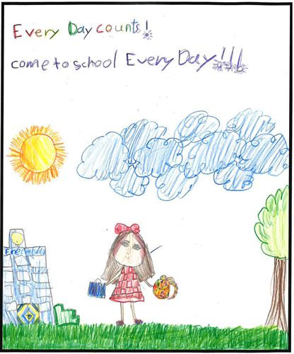 drawing of a girl in front of a school
